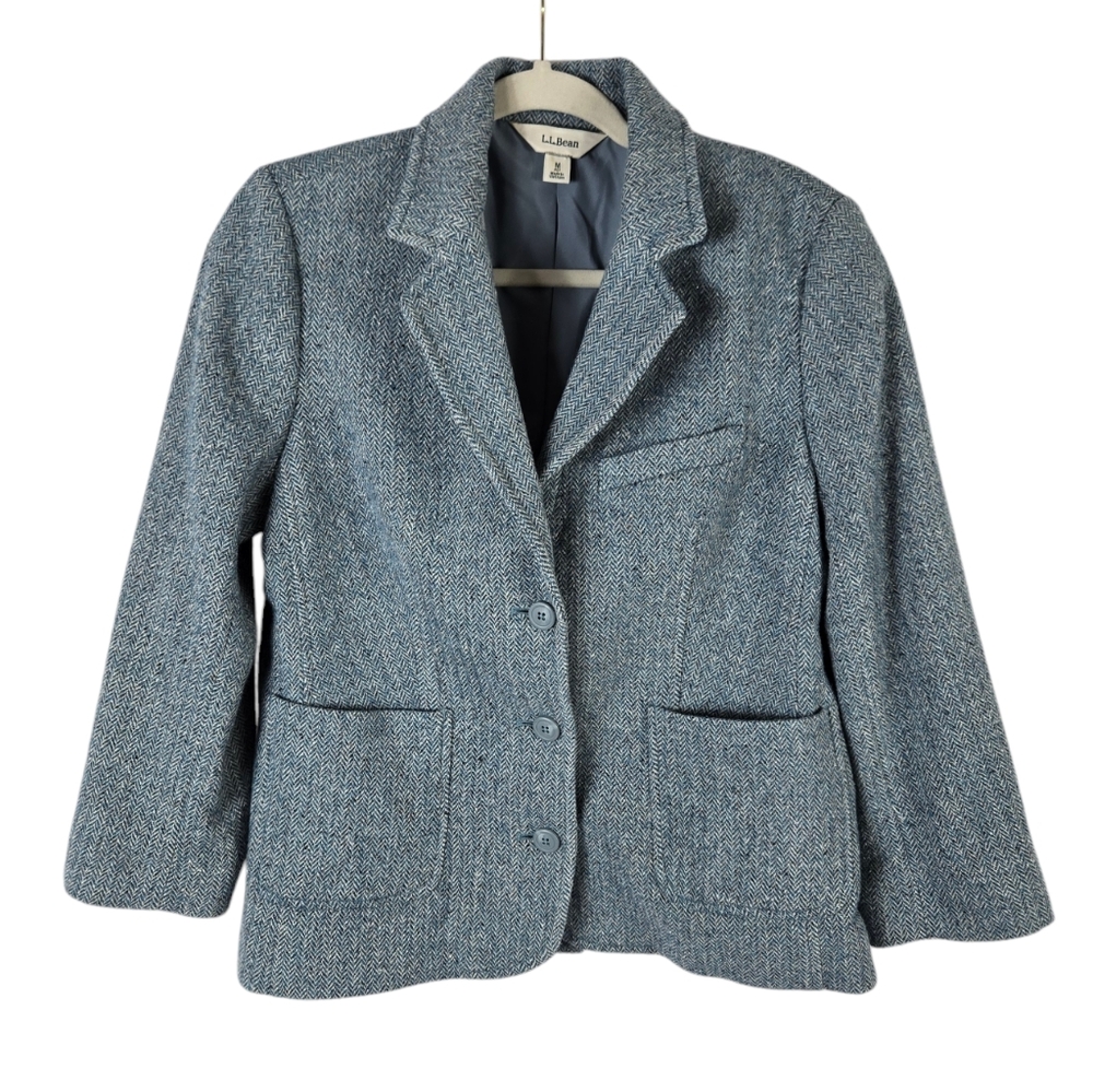 L.L. Bean Wool-Silk Blend Blue Chevron Print Buttoned Blazer